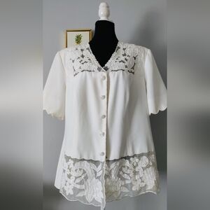Justin Taylor Blouse Style Church Embellished Neck Color Beige Almost White 18W